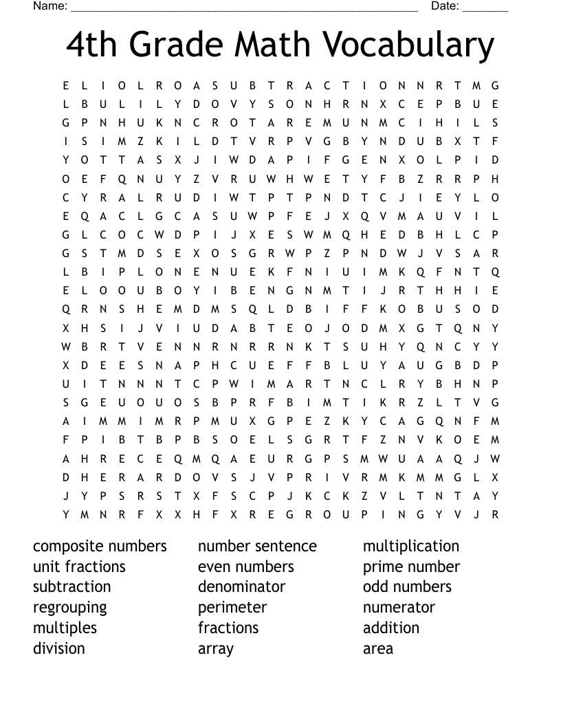 4th Grade Math Vocabulary Word Search WordMint
