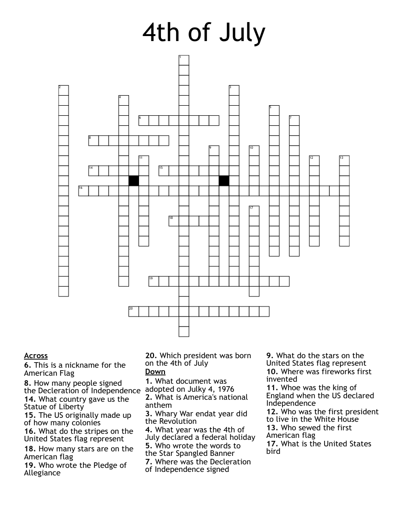 4th Of July Crossword WordMint