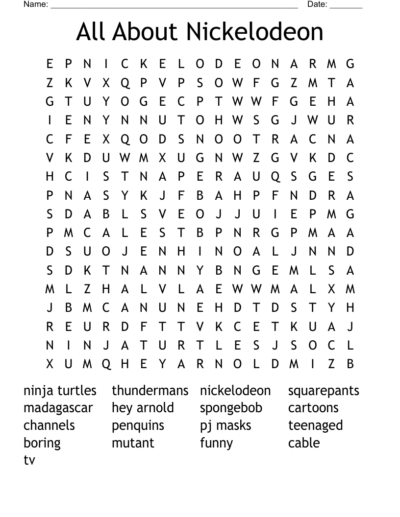 All About Nickelodeon Word Search WordMint All About Nickelodeon Word Search WordMint