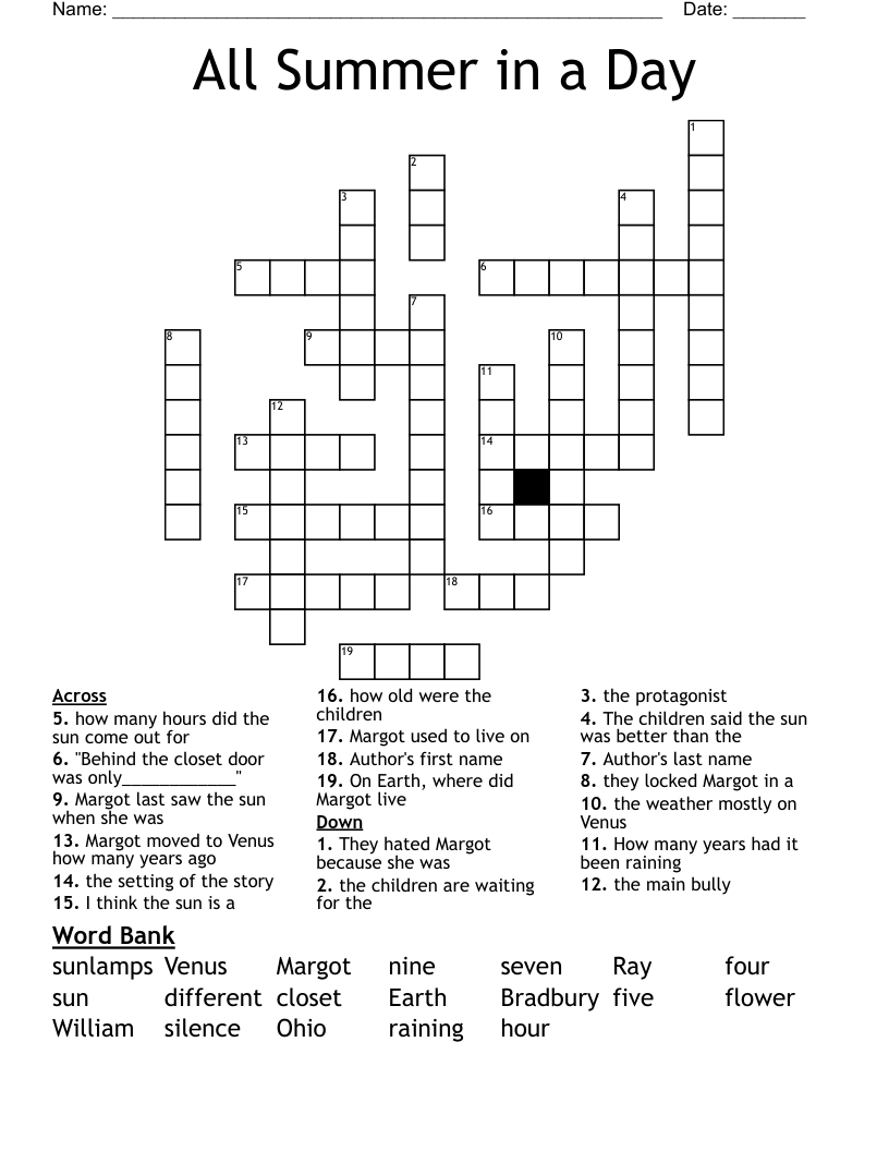 Summer First Grade Crossword Printable Kids Summer First Grade Crossword Printable Kids