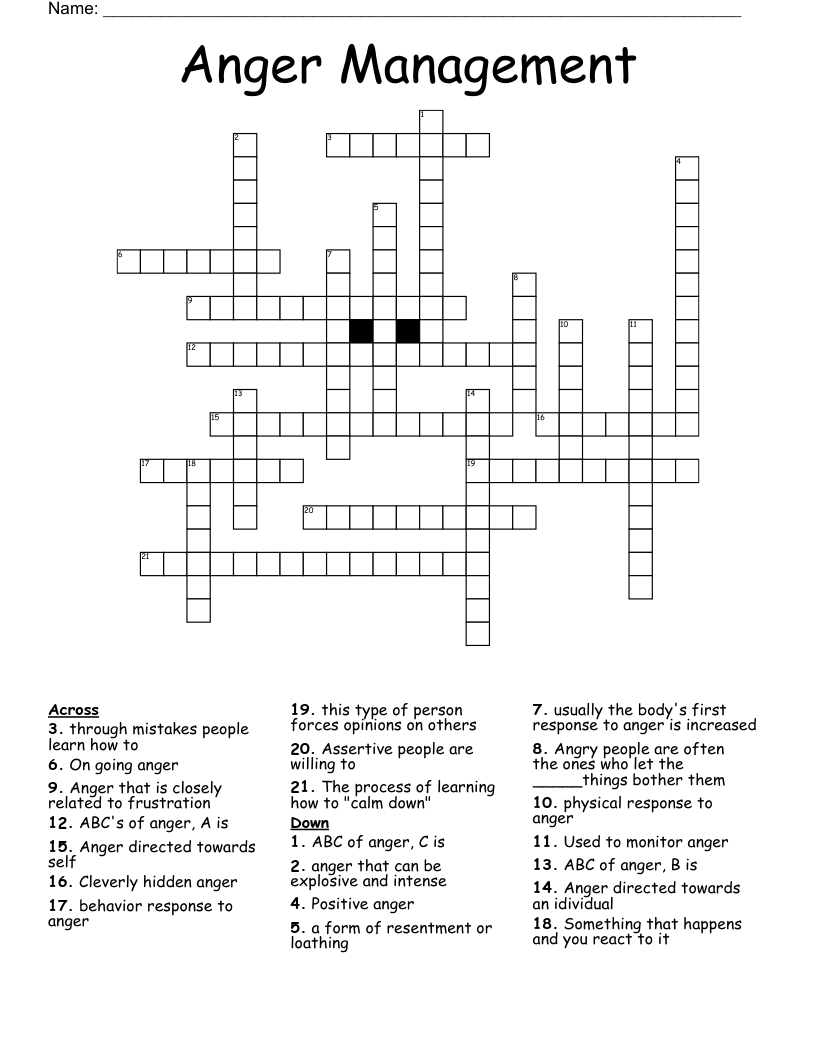 Anger Crossword Puzzles Printable Anger Crossword Puzzles Printable