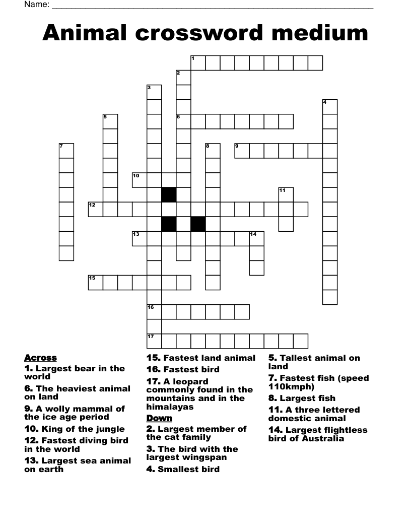 Animal Crossword Medium WordMint Animal Crossword Medium WordMint