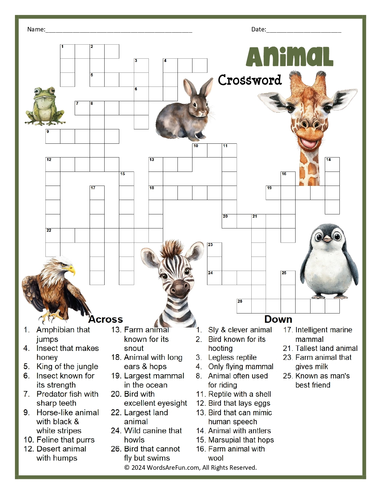 Adult Animal Crossword Puzzles Printable