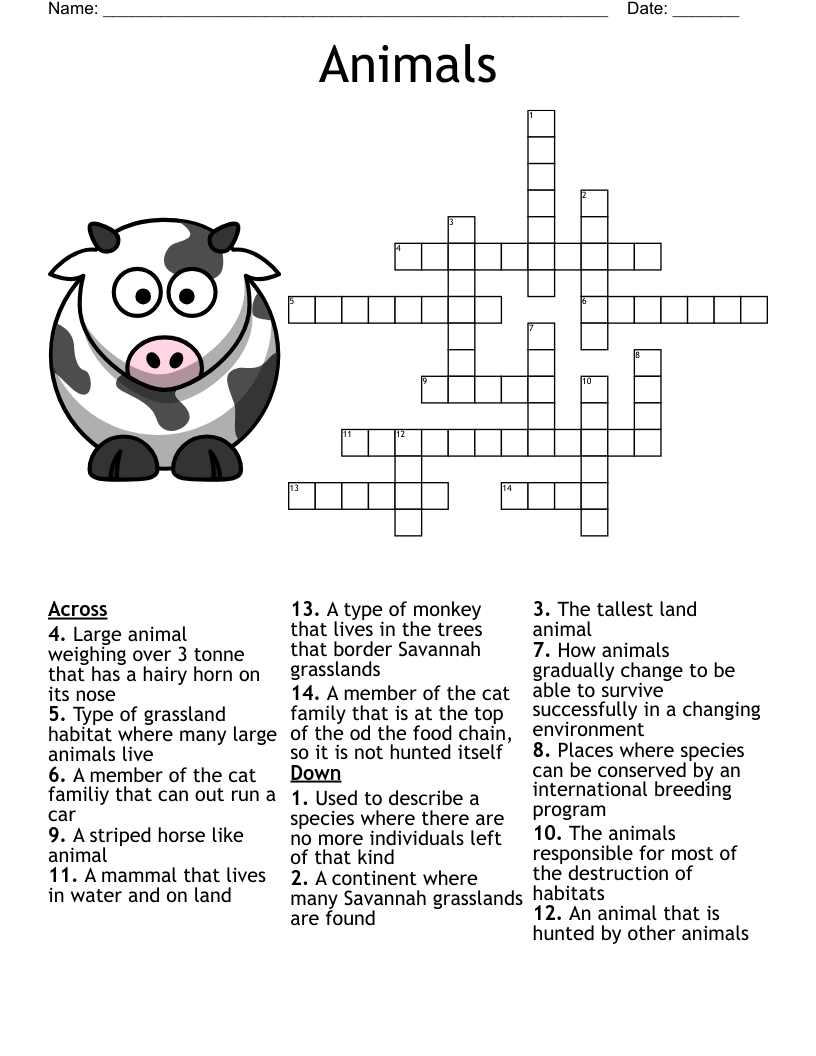 Animals Crossword WordMint Animals Crossword WordMint