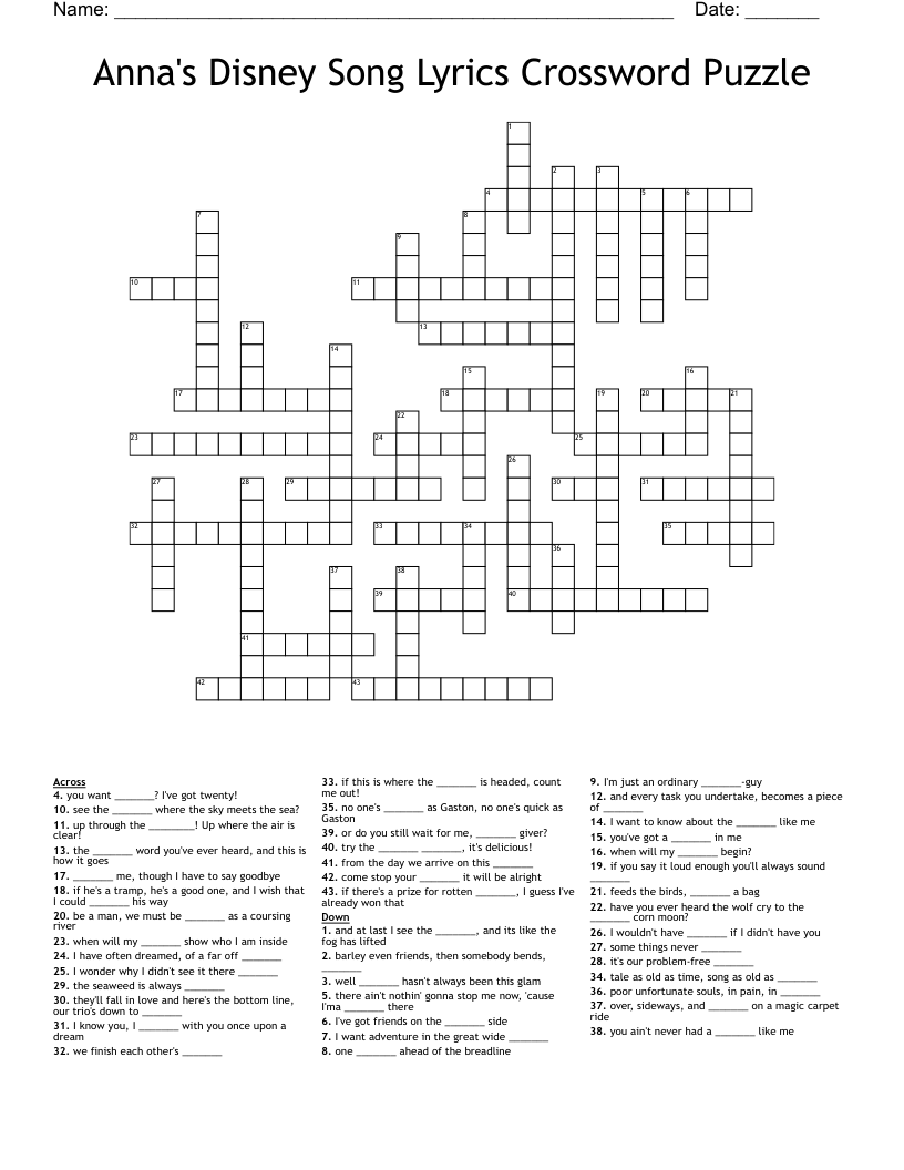 Anna s Disney Song Lyrics Crossword Puzzle WordMint Anna s Disney Song Lyrics Crossword Puzzle WordMint