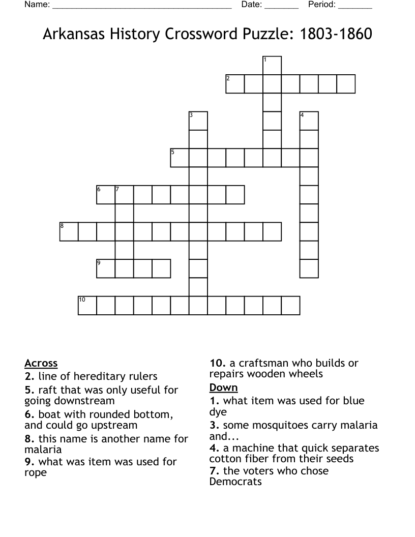 Arkansas History Crossword Puzzle 1803 1860 WordMint