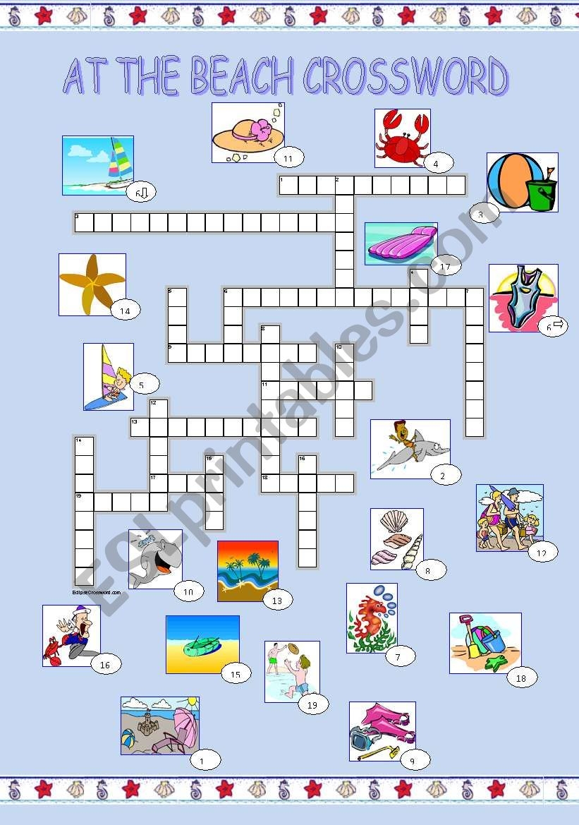 At The Beach Crossword ESL Worksheet By Szabone m eva