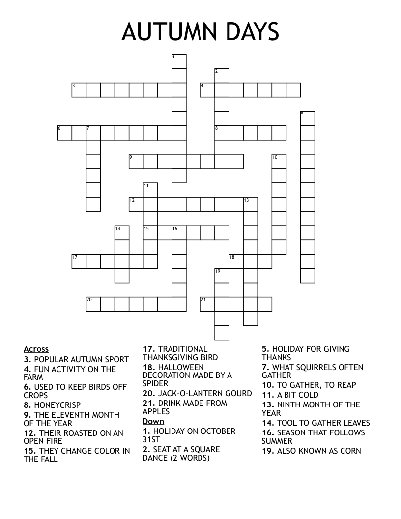 Fall Crossword Puzzles for Adults Printable Fall Crossword Puzzles for Adults Printable