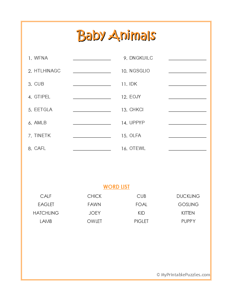 Baby Animal Word Scramble My Printable Puzzles