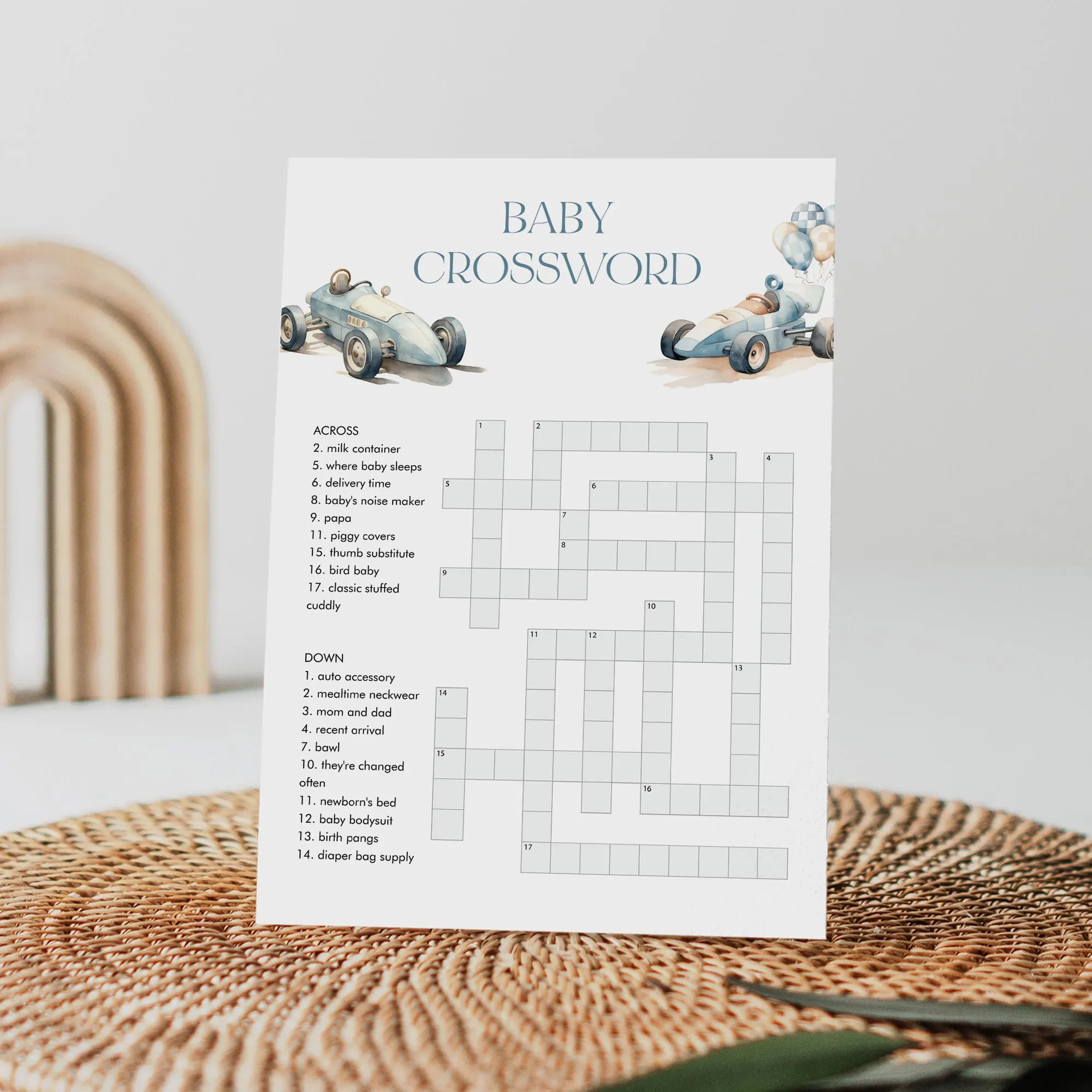Baby Crossword Puzzle Vintage Race Car Boy Baby Shower Game Printable Crossword Game Instant Download Templett 5x7 0068 33BAG