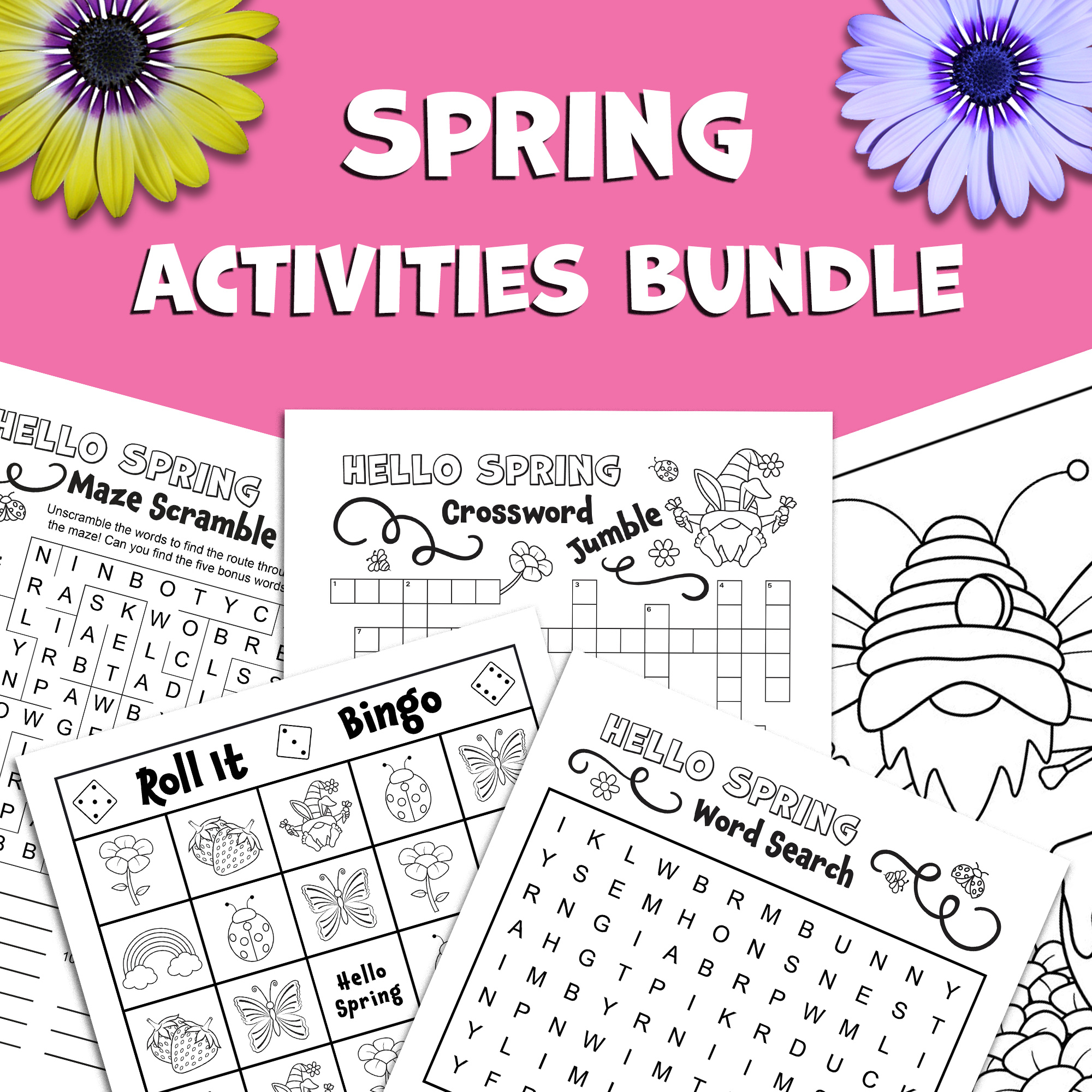 BUNDLE Spring Activities Gnome Coloring Pages Dice Bingo Crossword Puzzle Word Search Classful