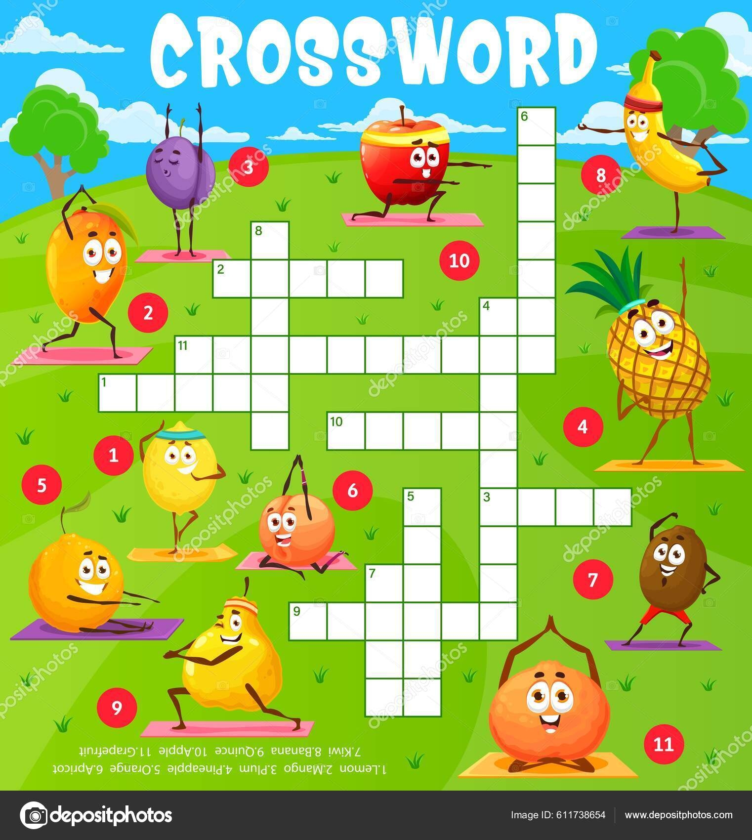Cartoon Fruits Characters Yoga Fitness Sport Crossword Puzzle Game Grid Stock Vector By Seamartini 611738654