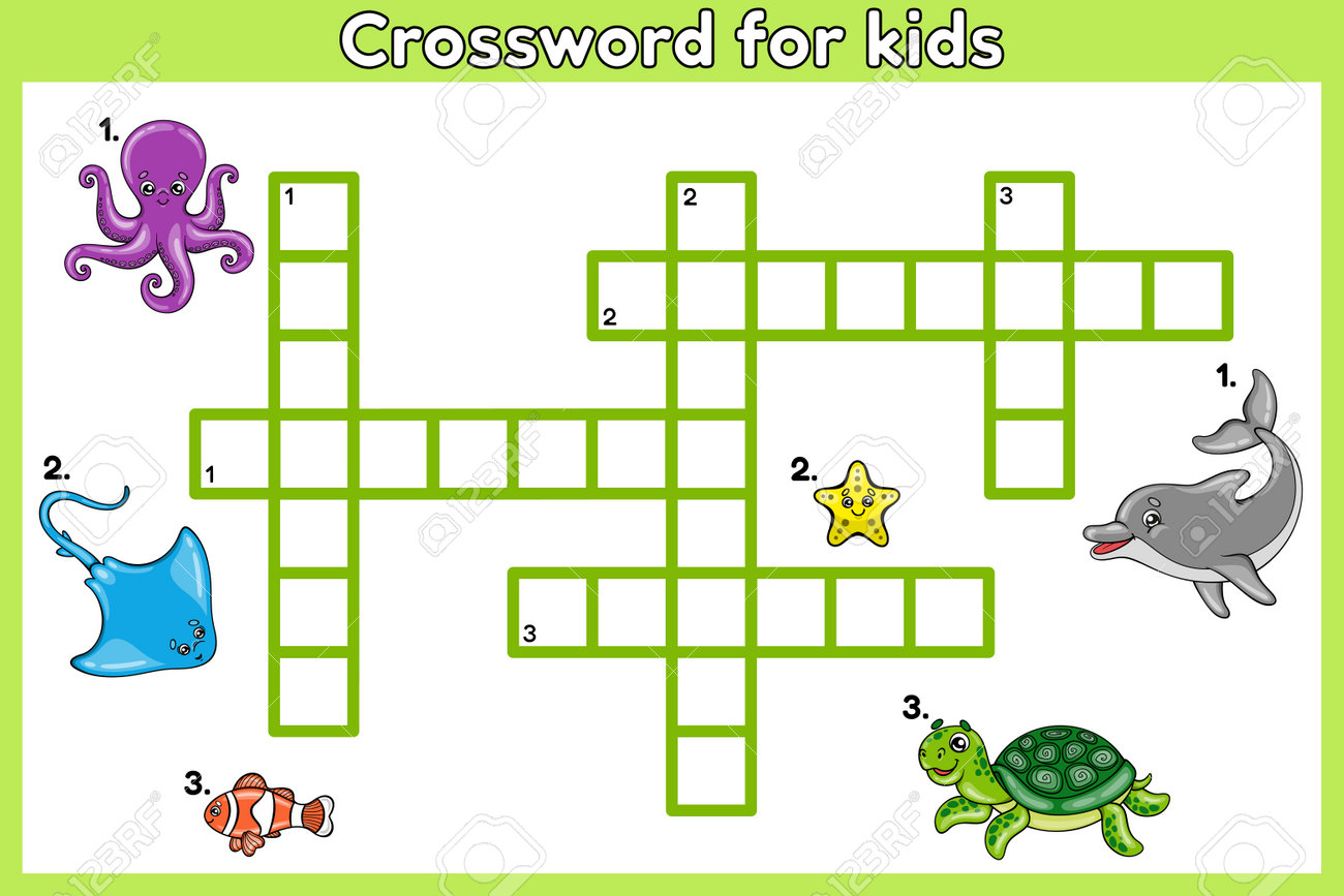Crossword Puzzle In English About Sea Animals Educational Game For Children Of Preschool And School Age Printable Worksheet For Kids Education Vector Illustration Of Cartoon Ocean Creatures Royalty Free SVG Cliparts 
