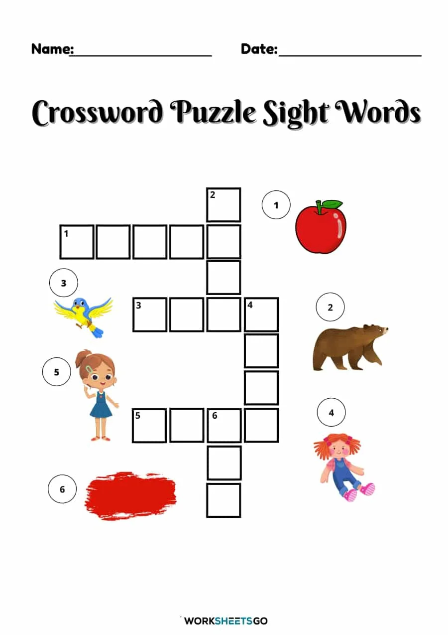 crossword puzzle sight words worksheets worksheetsgo