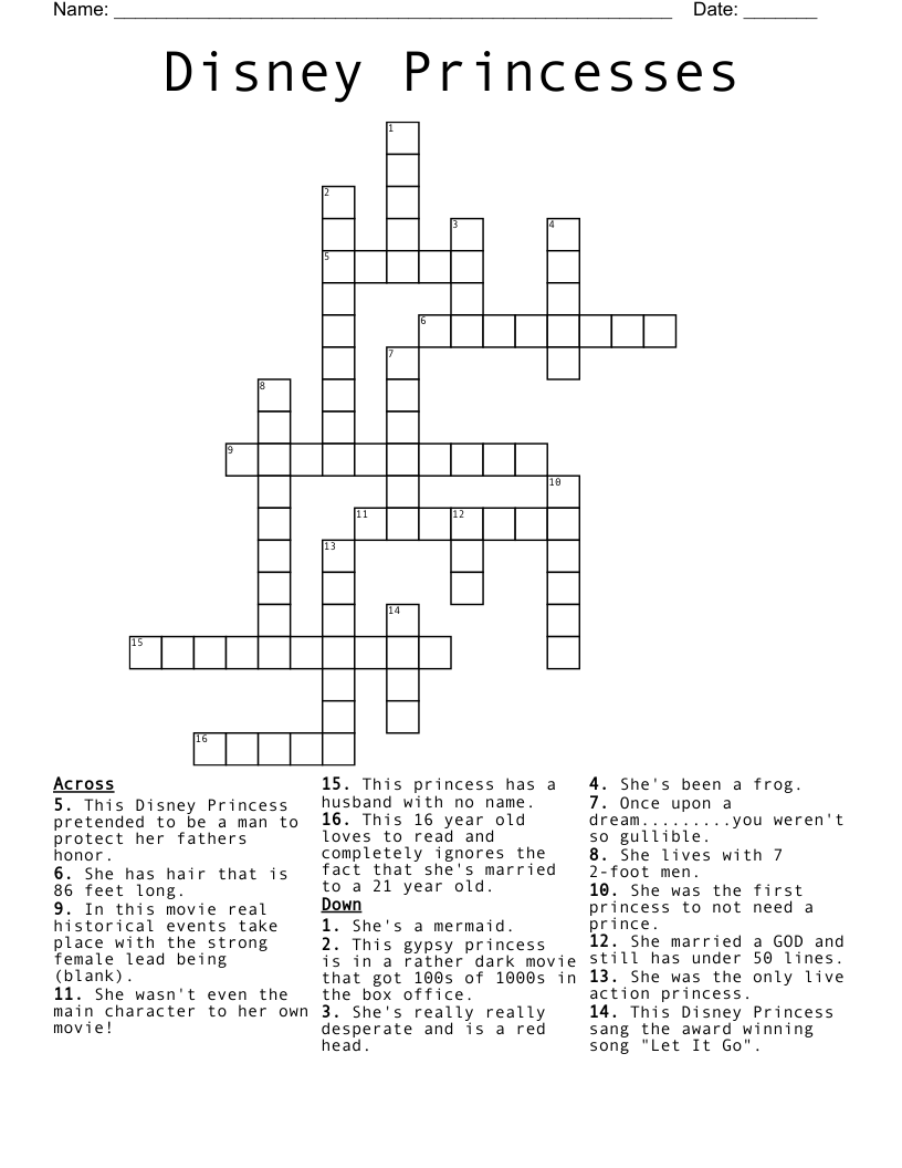 Disney Princesses Crossword WordMint Disney Princesses Crossword WordMint