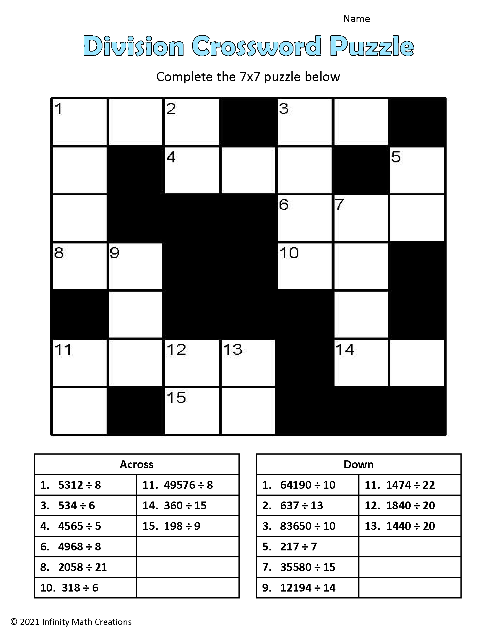 Division Crossword Puzzle No Prep Division Crossword Puzzle No Prep