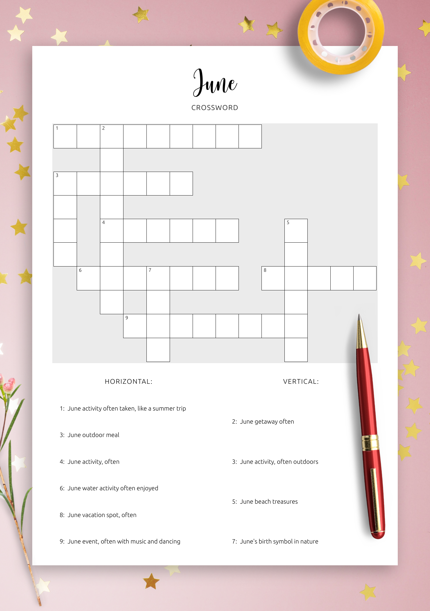 Download Printable June Crossword PDF Puzzle Summertime Challenge