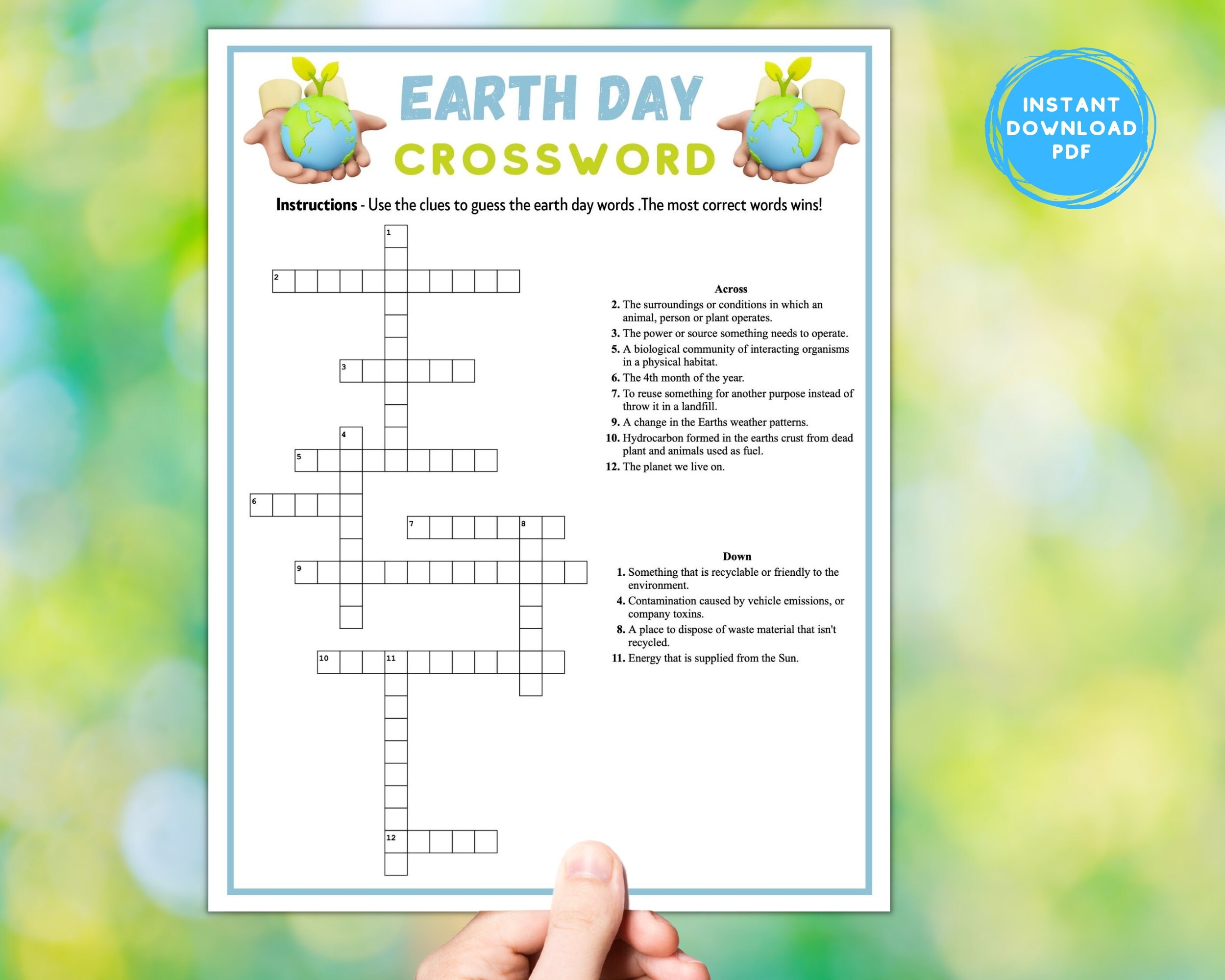 Free Printable Earth Day Crossword Puzzle