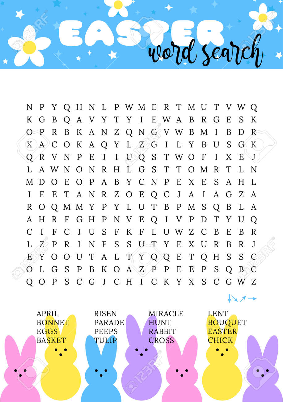 Easter Word Search Puzzle Educational Trivia Game Funny Holiday Crossword Worksheet Party Card Fun Printable Spring Activities Page For Learning English Words Royalty Free SVG Cliparts Vectors And Stock Illustration Image 190141906 