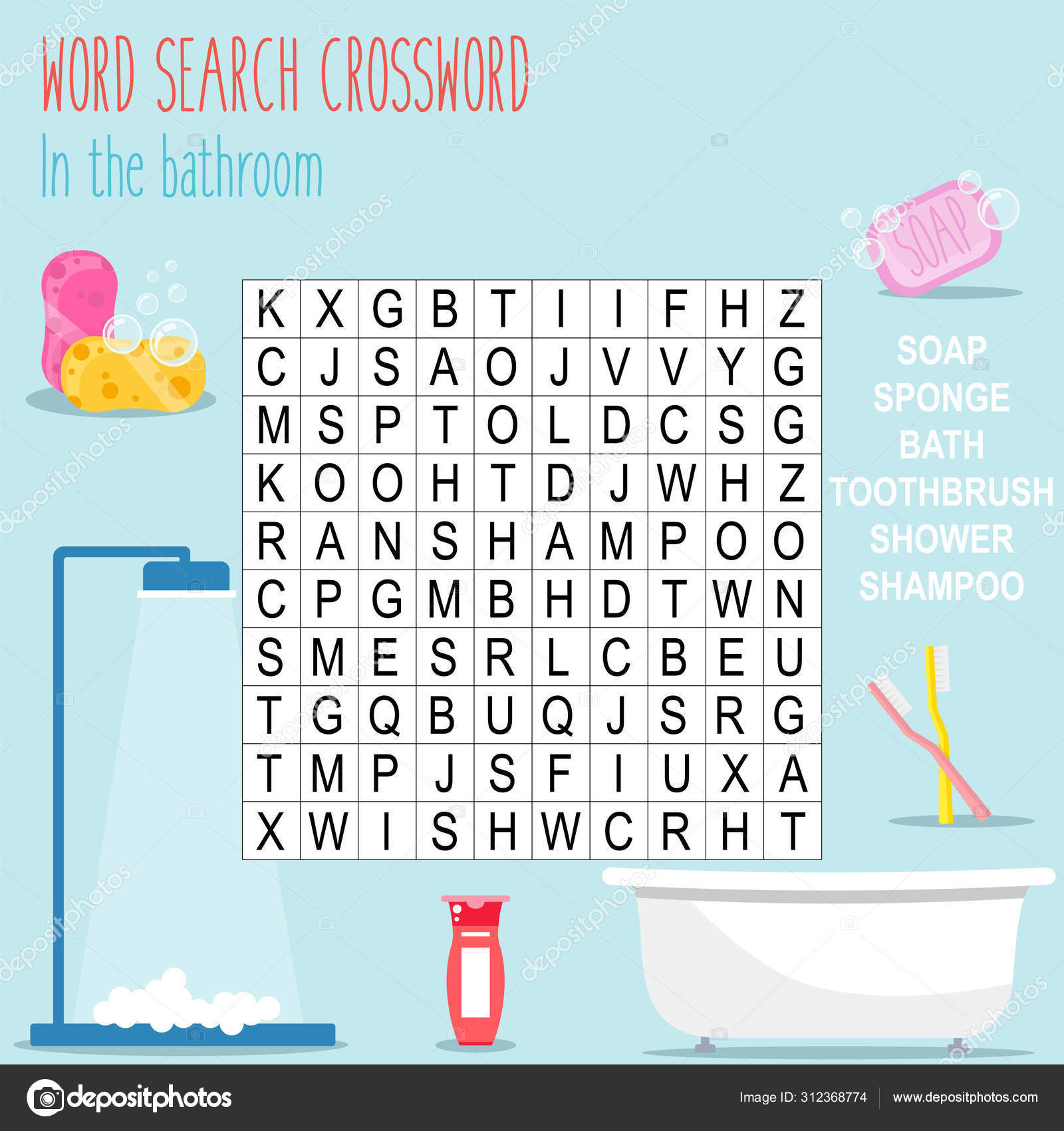 Easy Word Search Crossword Puzzle In Bathroom Children Elementary Middle Stock Vector By yekaterinalim 312368774 Easy Word Search Crossword Puzzle In Bathroom Children Elementary Middle Stock Vector By yekaterinalim 312368774