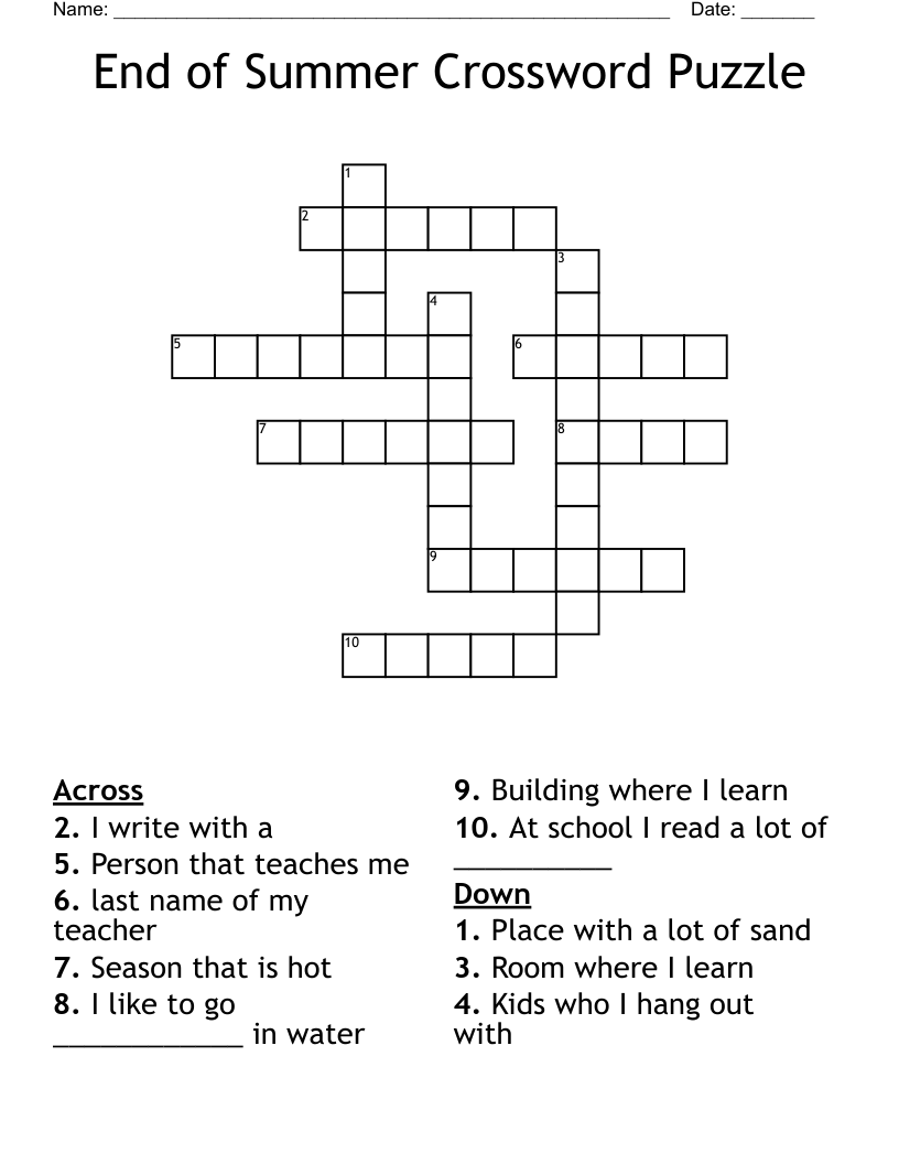 End Of Summer Crossword Puzzle WordMint End Of Summer Crossword Puzzle WordMint