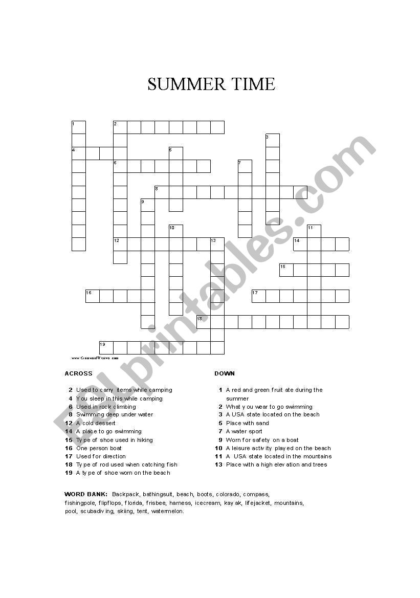 English Worksheets Summer Time Crossword Puzzle English Worksheets Summer Time Crossword Puzzle