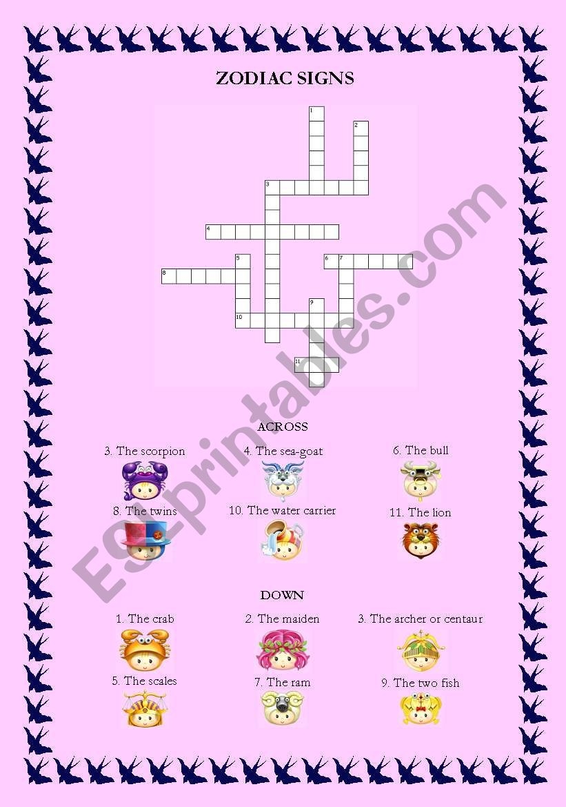 English Worksheets Zodiac Signs Crossword English Worksheets Zodiac Signs Crossword