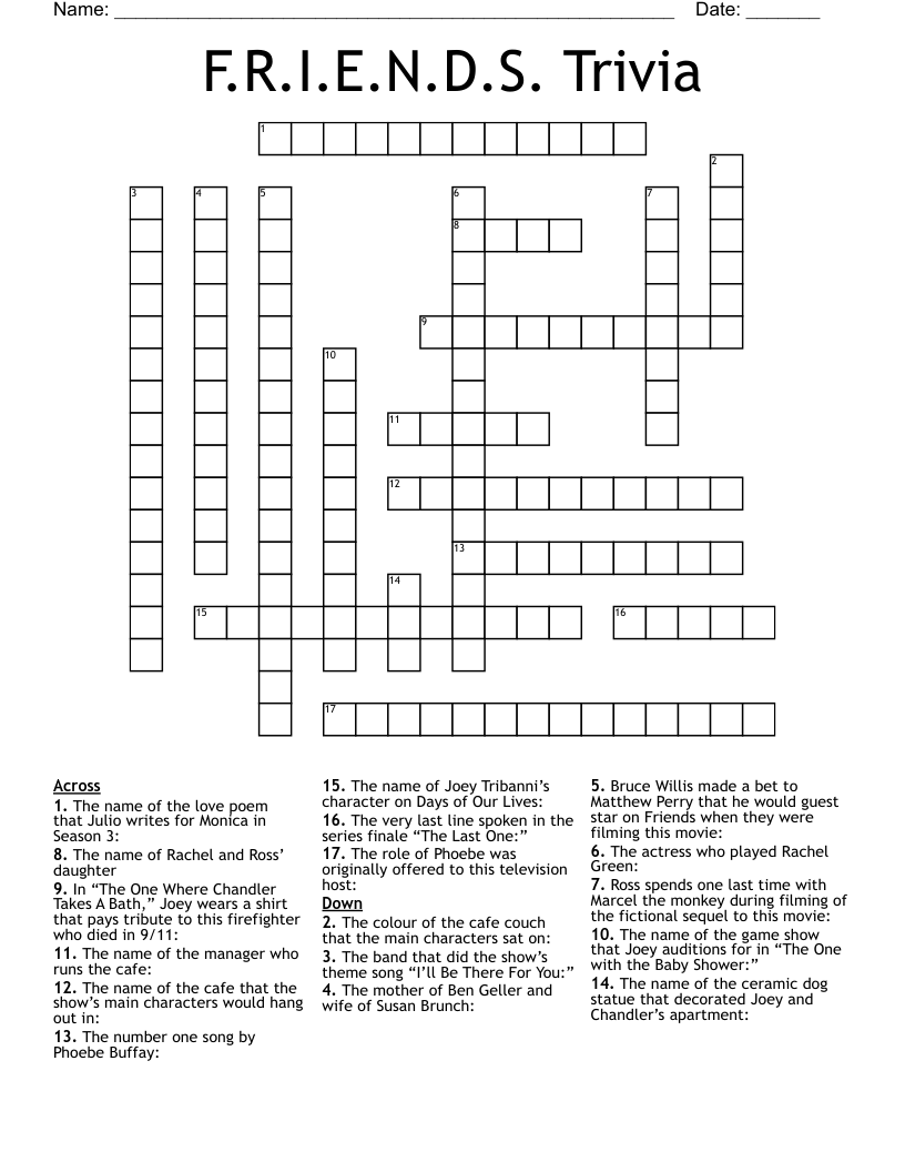 F R I E N D S Trivia Crossword WordMint F R I E N D S Trivia Crossword WordMint