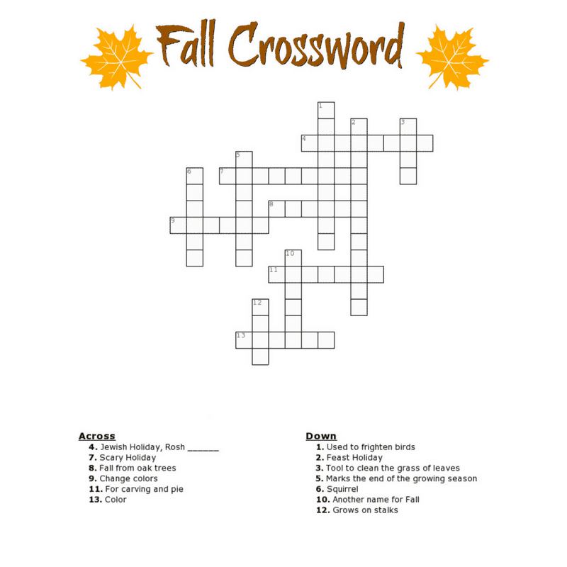 Fall Crossword Puzzle for Seniors Free Printable