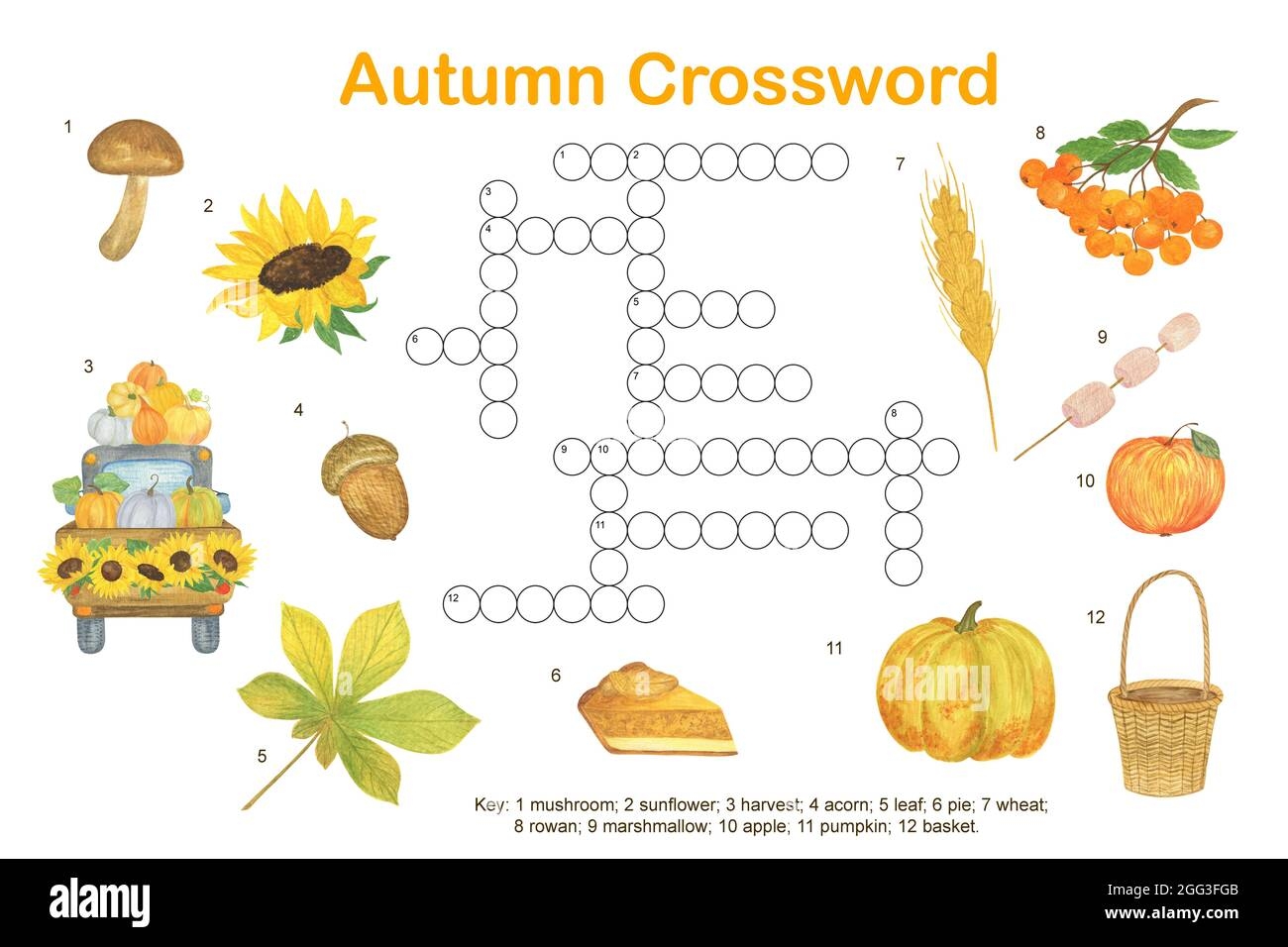 Fall Seasonal Crossword Puzzle Autumn Watercolor Activities Printable Worksheet For Kids Educational Game Stock Photo Alamy