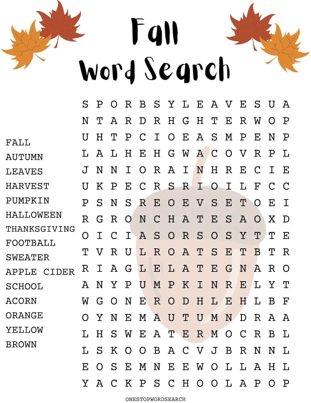 Printable Autumn Crossword with Answers