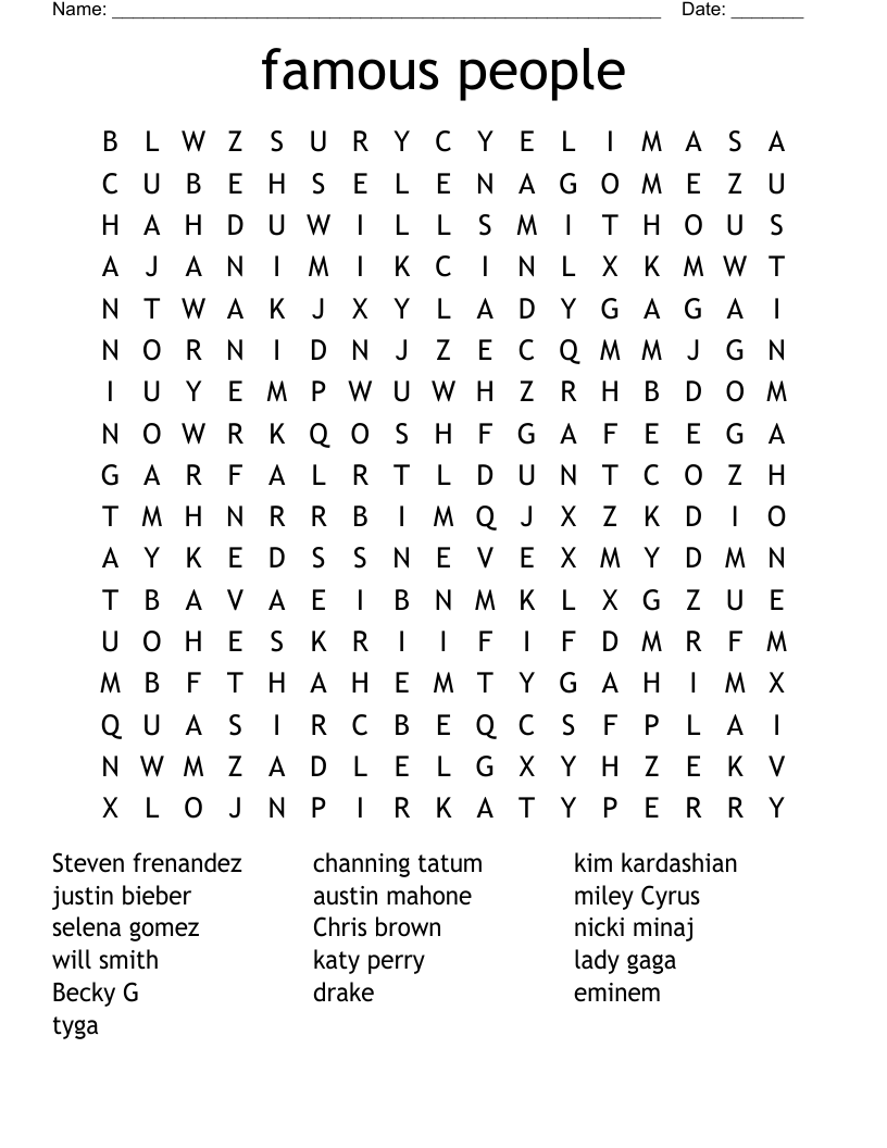 Famous People Word Search WordMint Famous People Word Search WordMint