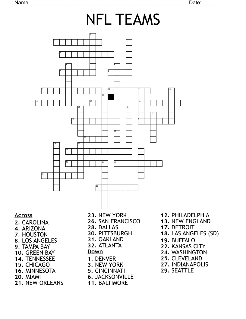 Football Teams Crossword WordMint