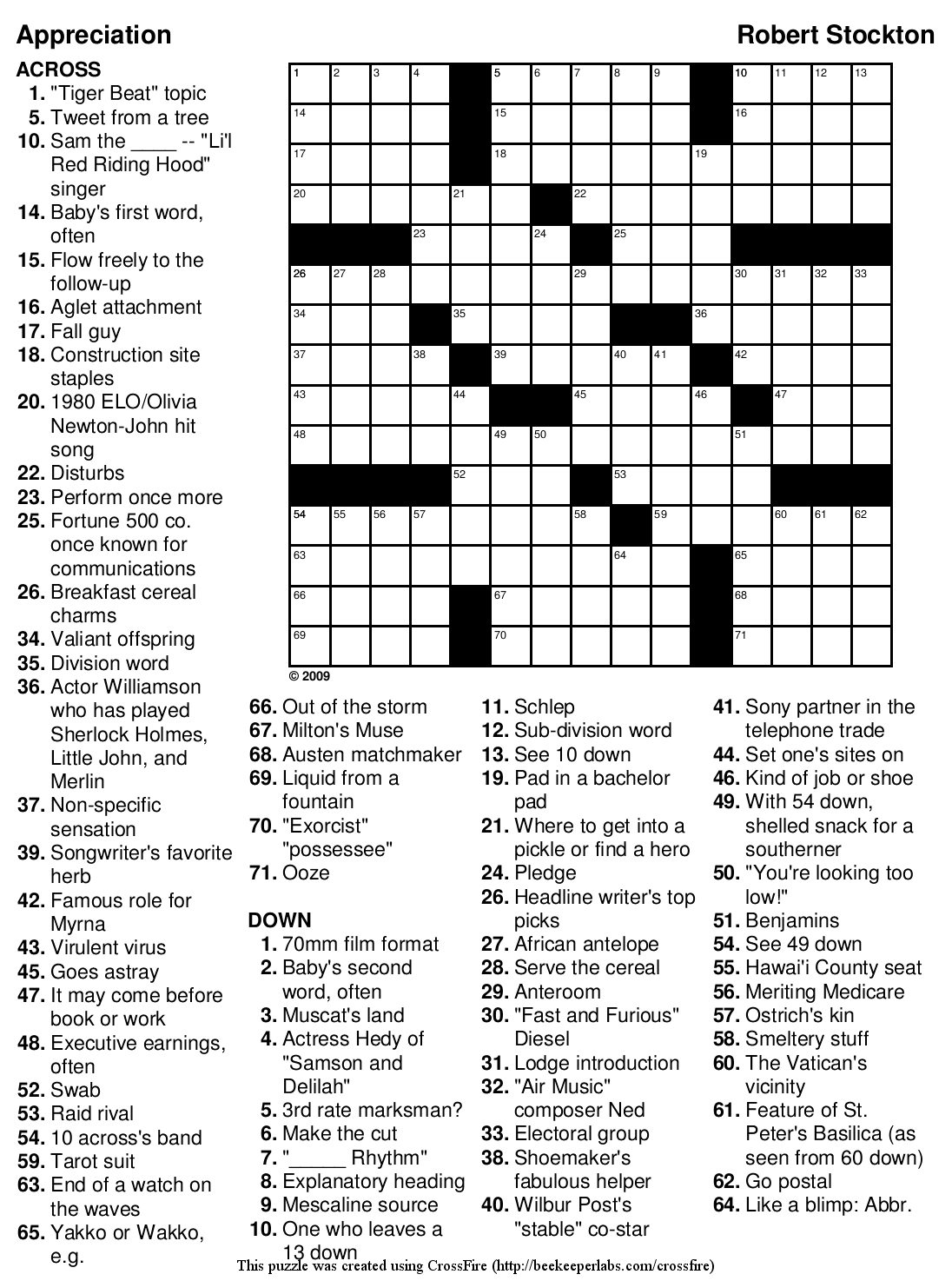 Free Crossword Puzzle 109 Appreciation Beekeeper Crosswords