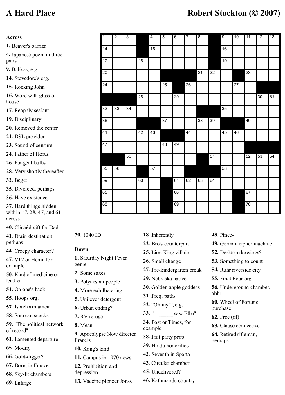 Free Crossword Puzzle 22 A Hard Place Beekeeper Crosswords