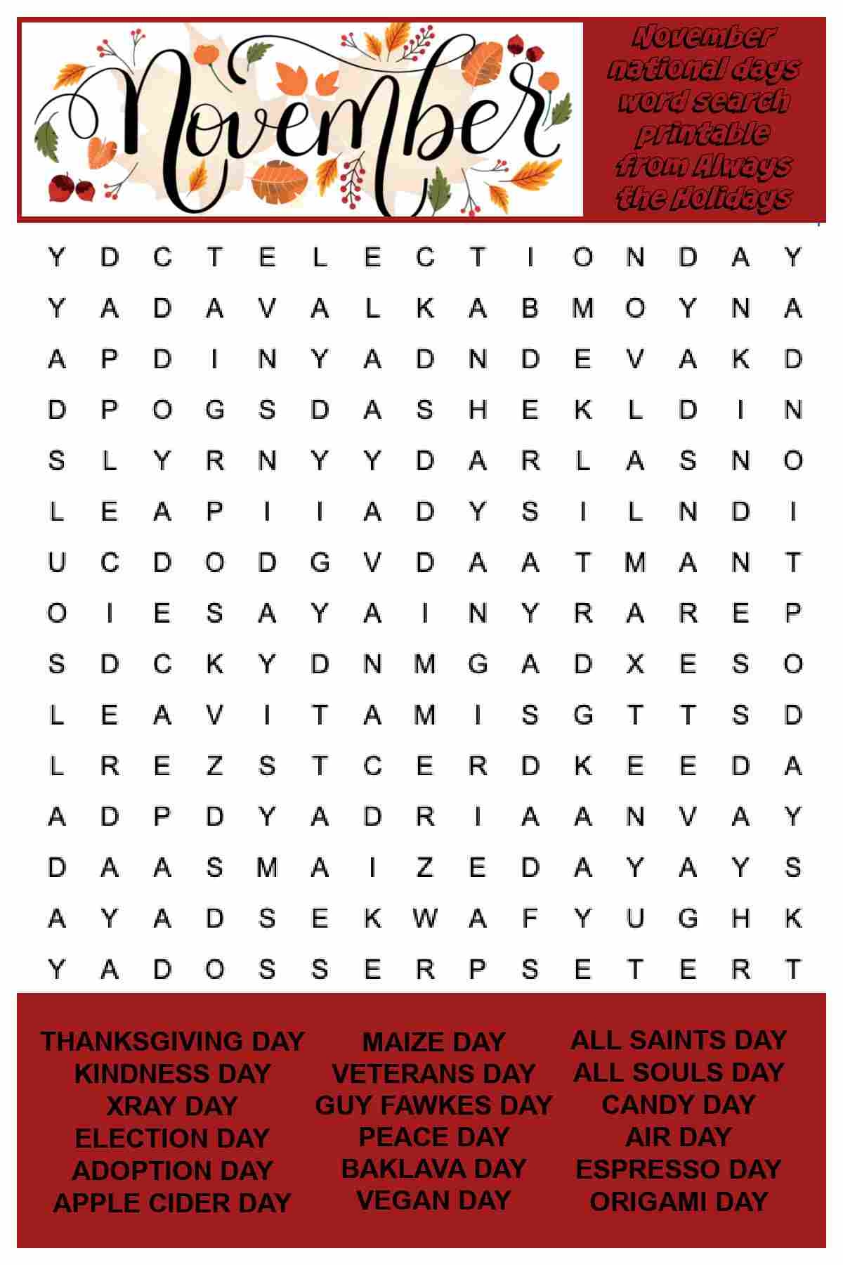 Free November Word Search Printable National Days Word Find Free November Word Search Printable National Days Word Find