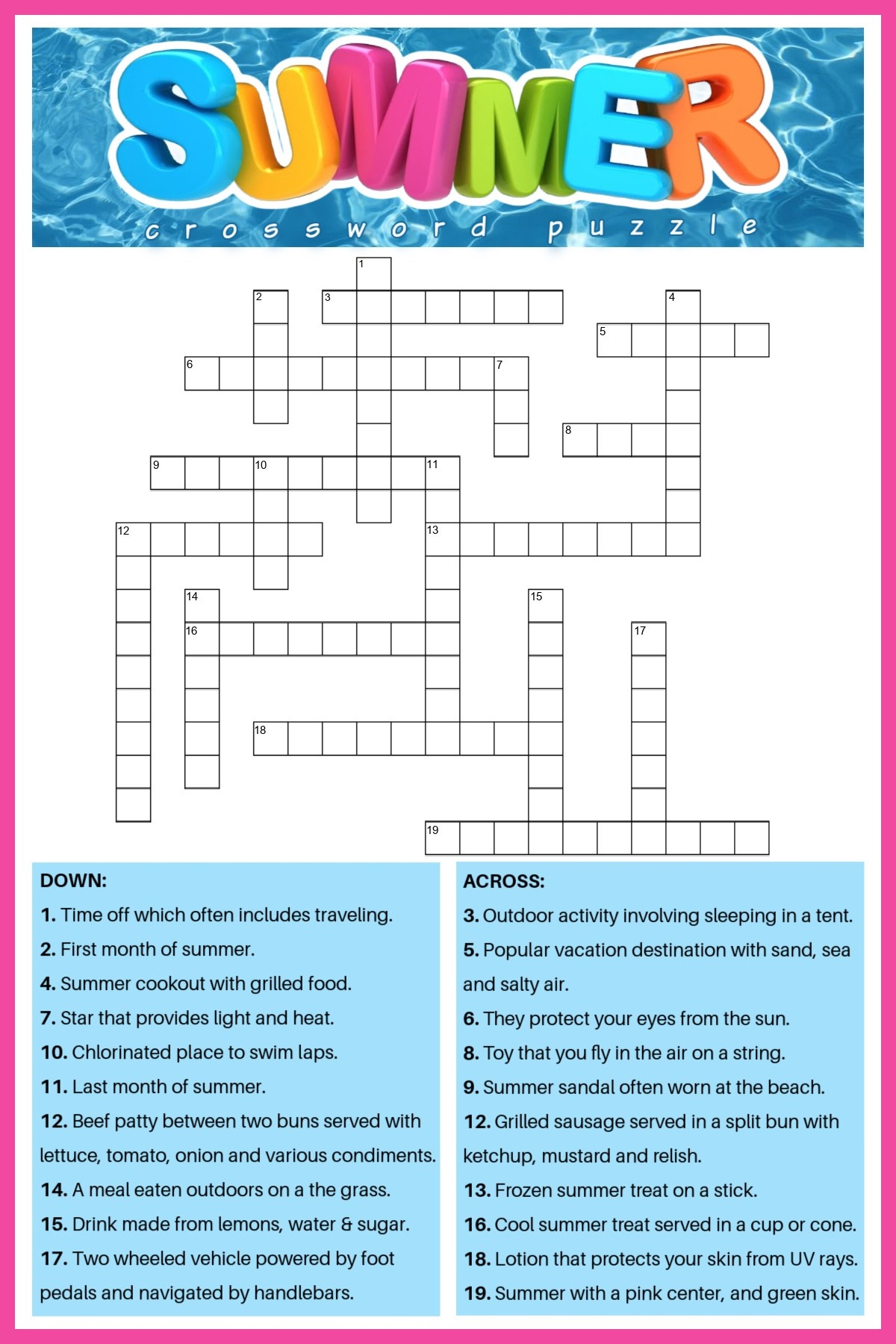 Free Summer Crossword Puzzle 2 Versions Answers Included Free Summer Crossword Puzzle 2 Versions Answers Included