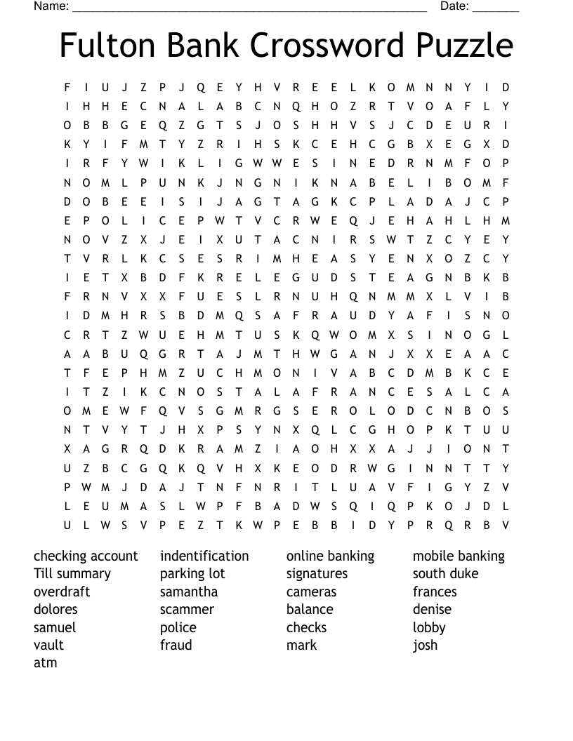 Fulton Bank Crossword Puzzle Word Search WordMint