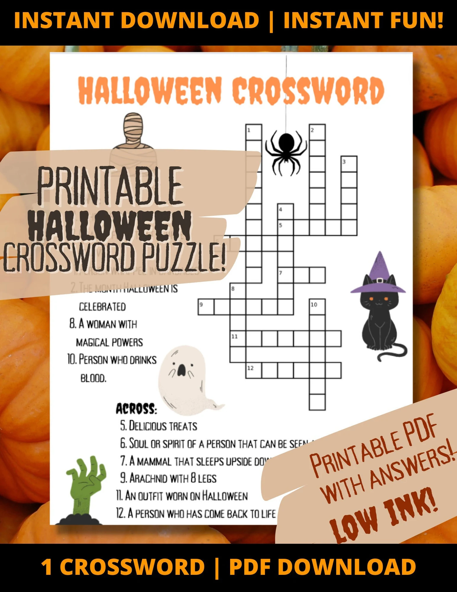Halloween Printable CROSSWORD PUZZLE with Answer Key Etsy Australia