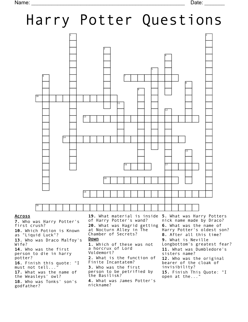 Harry Potter Questions Crossword WordMint
