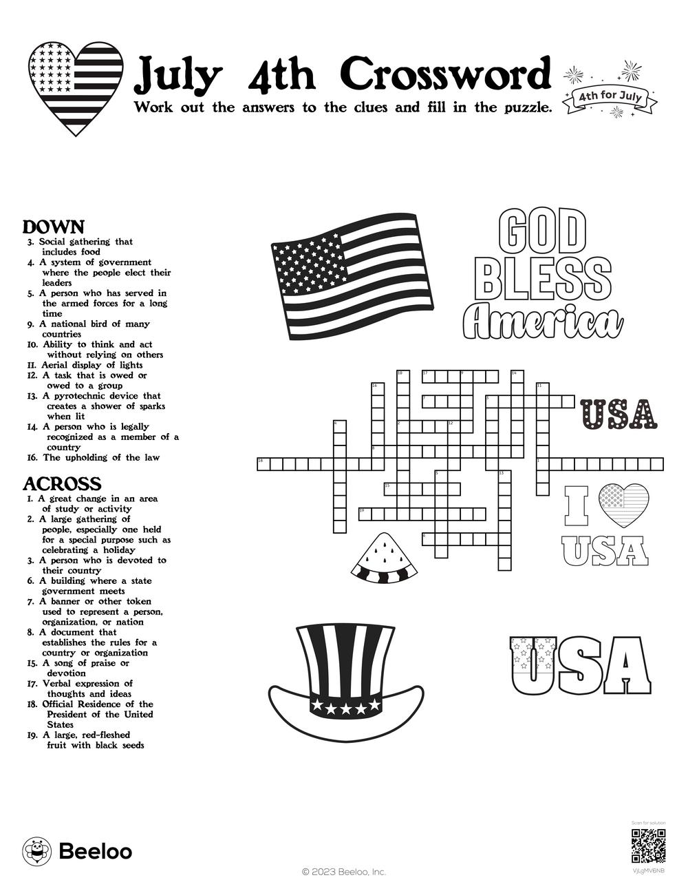 July 4th Crossword Beeloo Printable Crafts And Activities For Kids