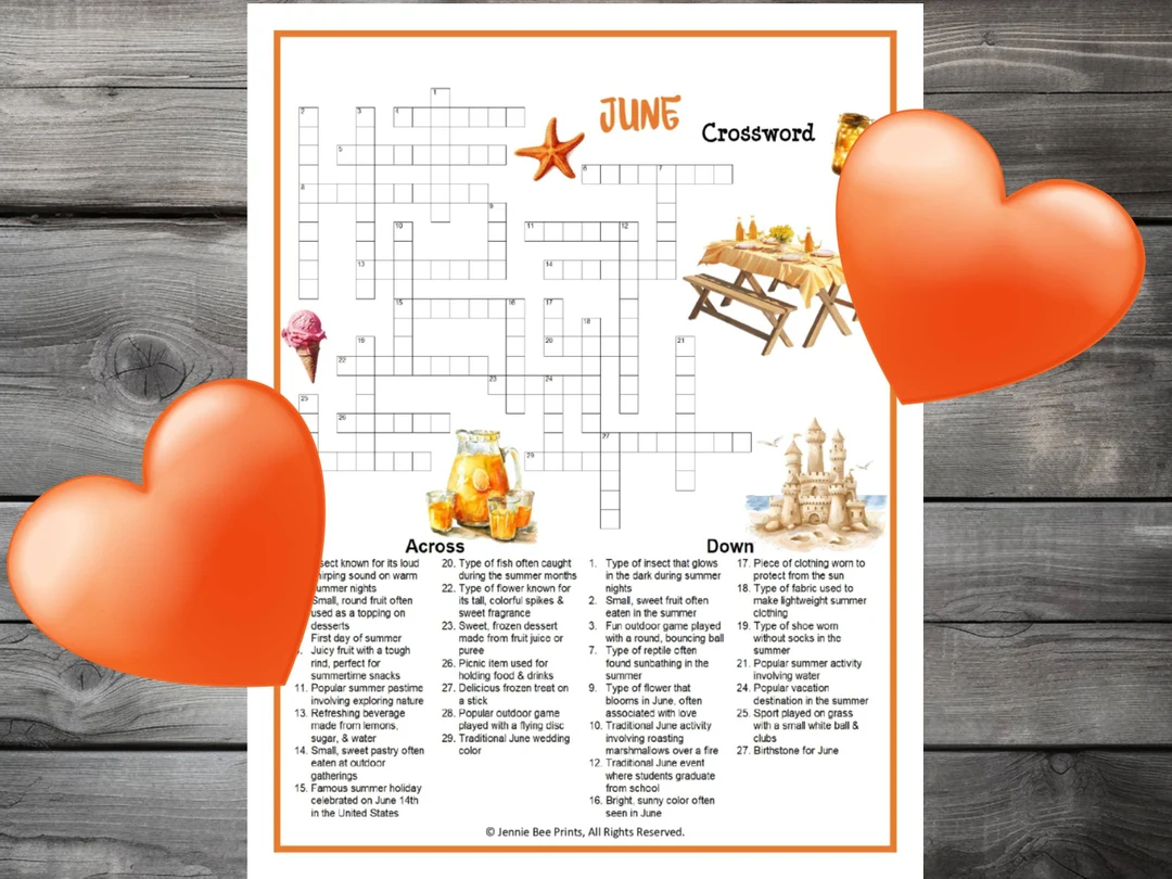 June Crossword Puzzle Family Friendly Fun Printable Puzzles For Adults Seniors Teens Kids Summer Break Group Printable Crossword Etsy