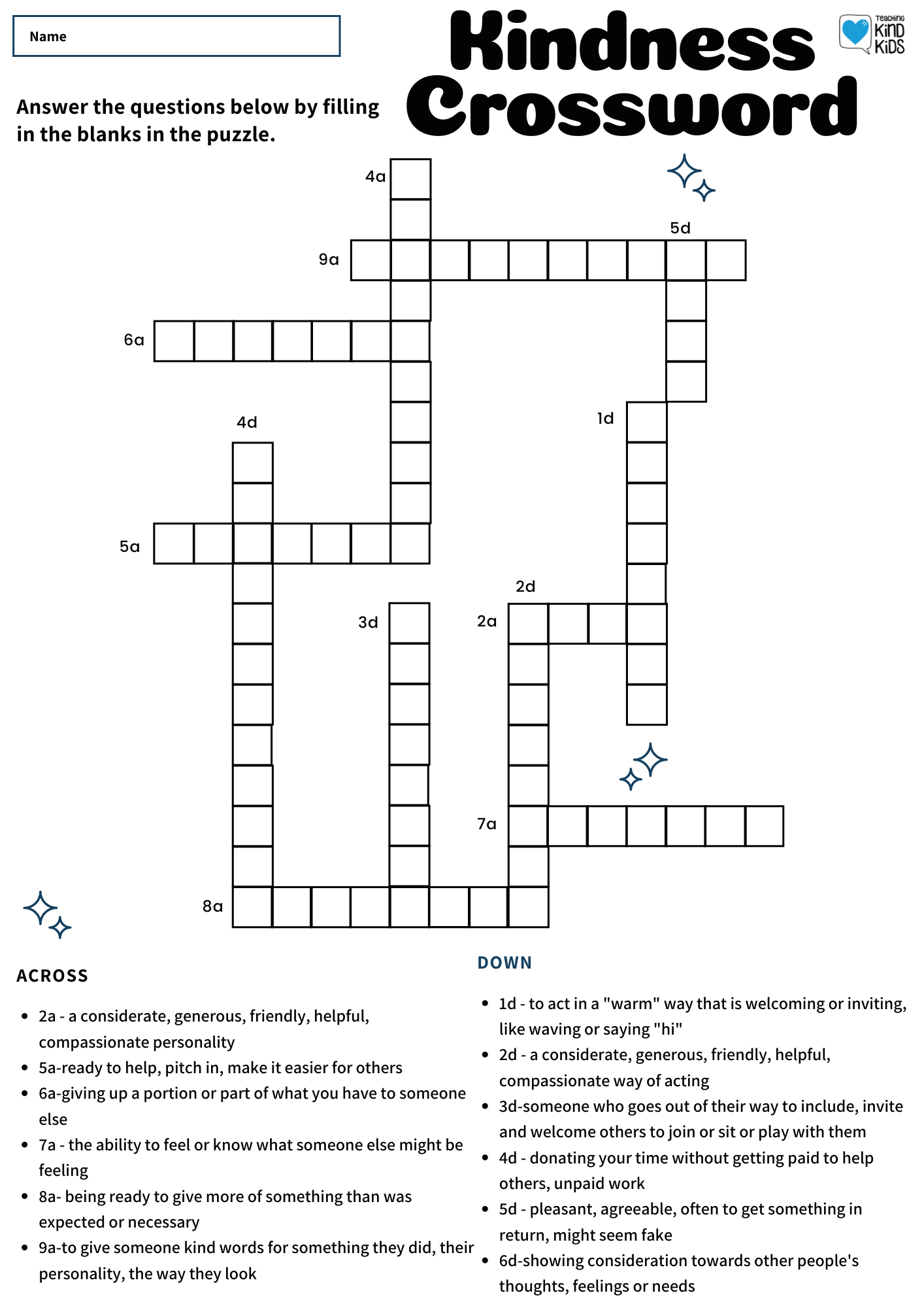 Kindness Crossword Puzzle To Help Teach SEL Vocabulary Kindness Crossword Puzzle To Help Teach SEL Vocabulary
