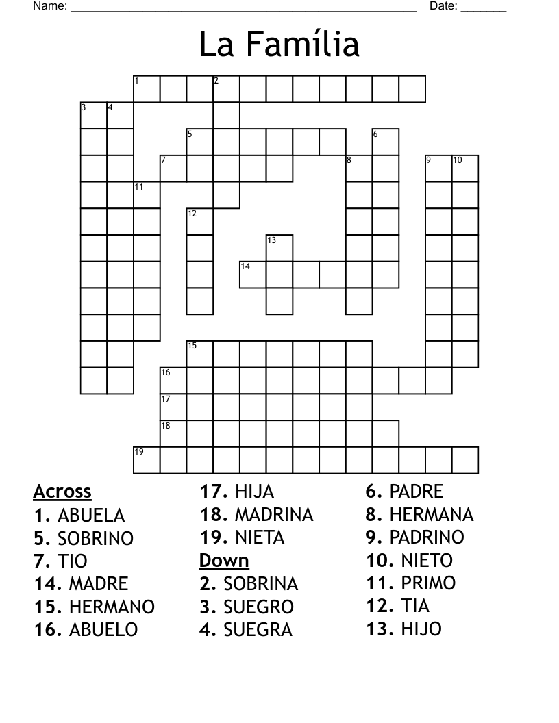 La Fam lia Crossword WordMint La Fam lia Crossword WordMint