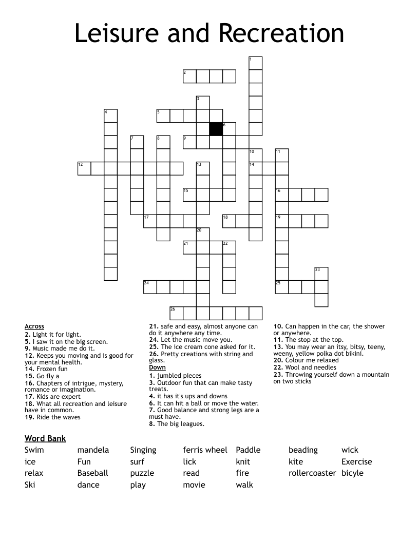 Leisure And Recreation Crossword WordMint Leisure And Recreation Crossword WordMint