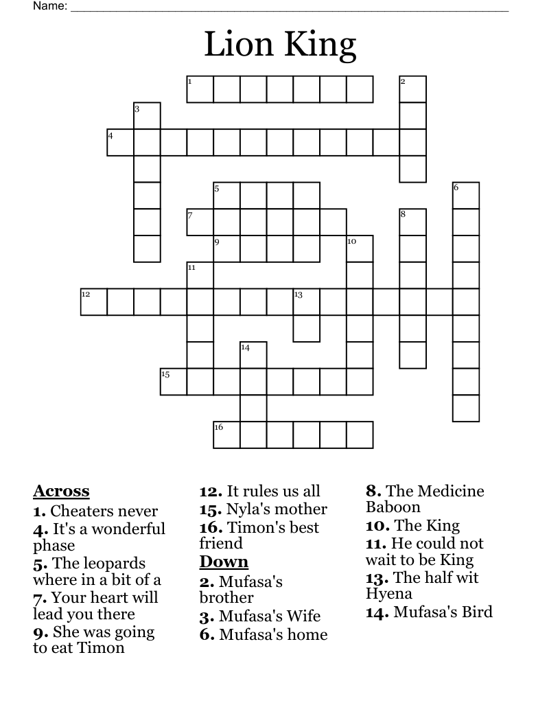 Lion King Crossword WordMint Lion King Crossword WordMint