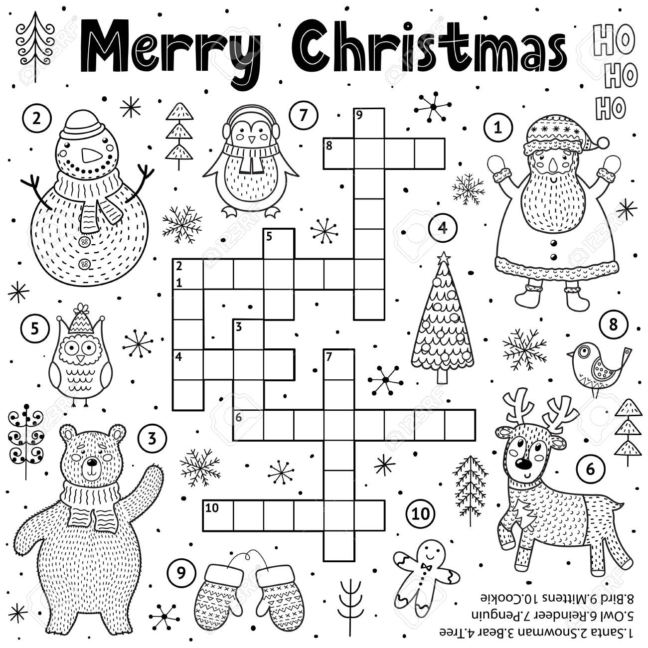 Merry Christmas Crossword Game For Kids Black And White Educational Activity Page For Coloring With Funny Winter Characters Santa Claus Snowman Reindeer Polar Bear Penguin Vector Illustration Royalty Free SVG Cliparts Vectors 