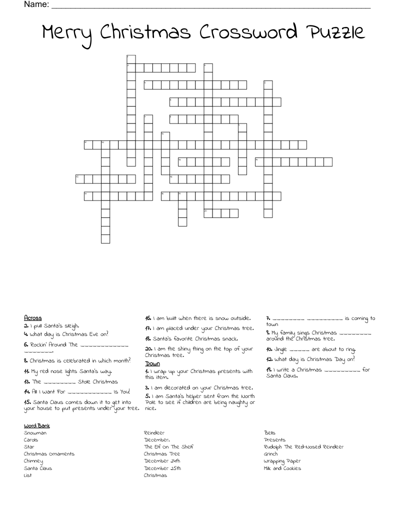 Merry Christmas Crossword Puzzle WordMint Merry Christmas Crossword Puzzle WordMint