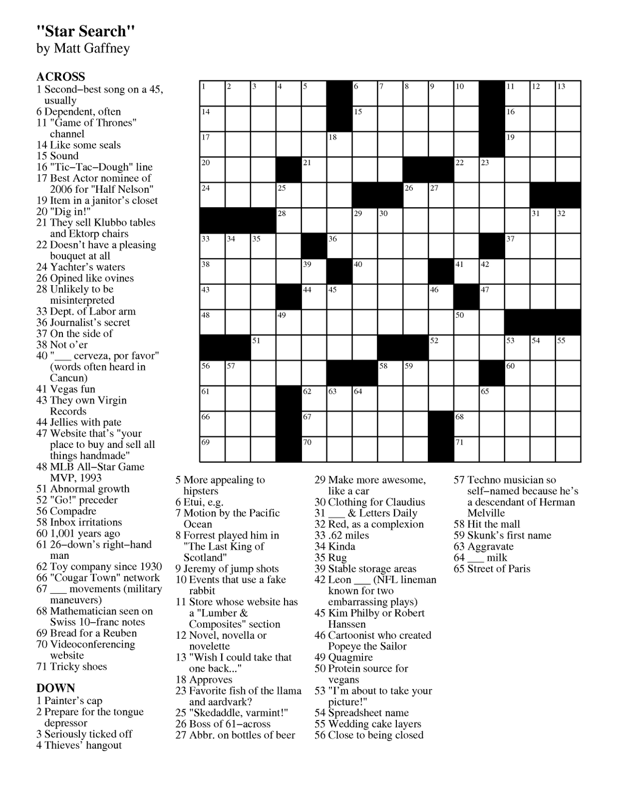 MGWCC 197 Friday March 9th 2012 Star Search Matt Gaffney s Weekly Crossword Contest