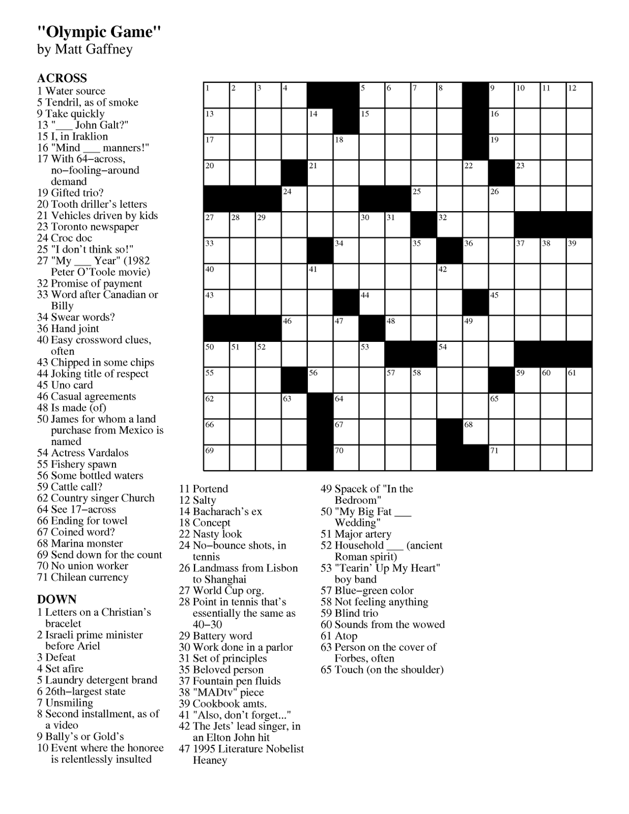 MGWCC 209 Friday June 1st 2012 Olympic Game Matt Gaffney s Weekly Crossword Contest